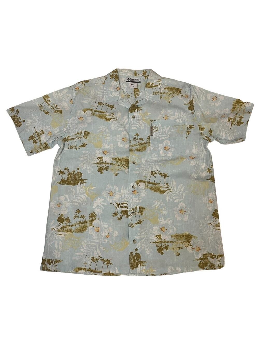 Columbia Men's Sz L Hawaiian Luau Shirt Lt Blue Floral Short Sleeve Button Up